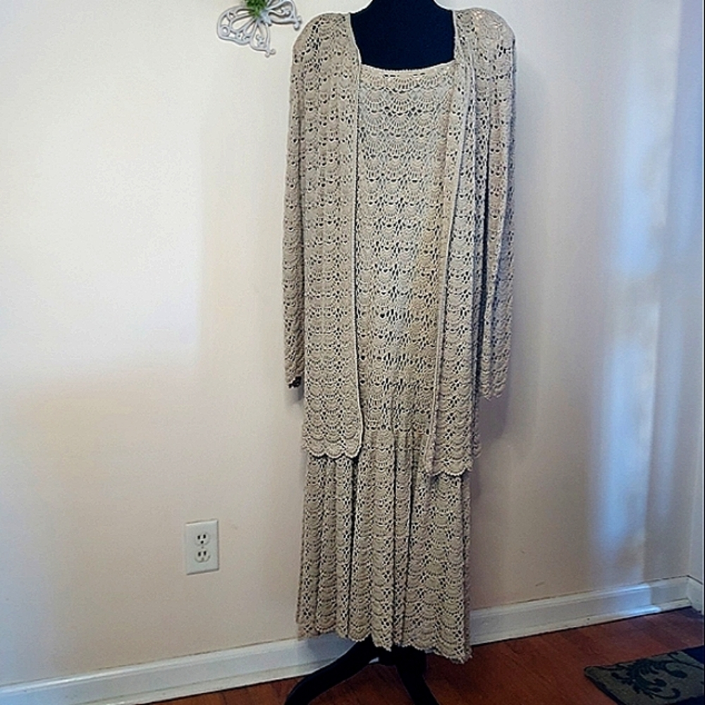 Vintsge J.M. Pink Hand Crochet Dress and Cardigan Set